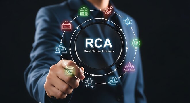 Magnifying glass reveals RCA Root Cause Analysis text with surrounding icons business problem solving