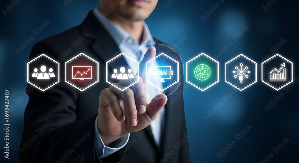 Poster man in suit touching 'automation' icon in a row of business process icons technology efficiency