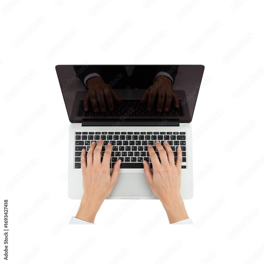 Poster hands typing on a laptop keyboard from an aerial view showcasing digital communication and remote wo