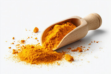 A wooden scoop with turmeric powder, spilling onto a white background