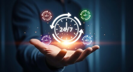 Person holding hand with 24/7 service clock icons and glowing lights support availability