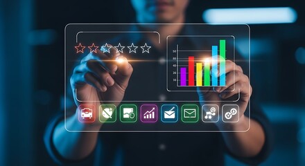 Person interacting with digital interface showing star ratings and bar chart review feedback