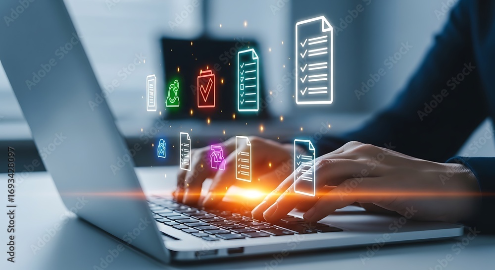 Poster person typing on laptop with glowing digital document icons and data streams hands keyboard