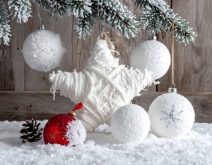 Festive white and red Christmas ornaments on snow