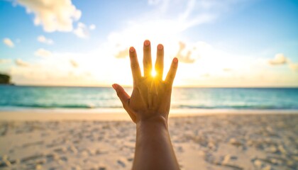 Hand reaching for sunset on beach