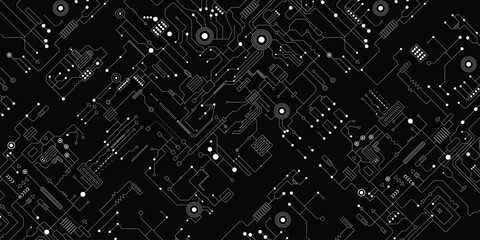 White circuit board pattern on black background. Circuit Board texture Background, seamless pattern