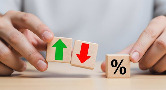Business concept: Upward and downward trends with percentage symbol on wooden blocks