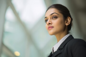 Confident businesswoman looking ahead with determination in modern office, envisioning future success with stylish professional attire and positive mindset