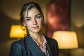 Elegant businesswoman with confident gaze ready for success in upscale office setting perfect for leadership and empowerment messages