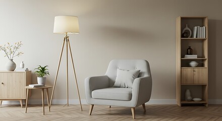 Modern living room with armchair and tripod floor lamp