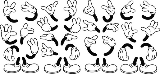 Vintage cartoon gloves and shoes vector set, hand gestures collection, retro style, animation, classic character design, black and white