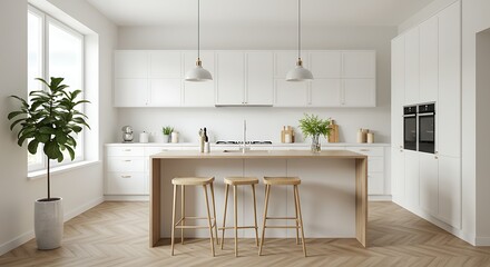 Modern white kitchen with island and bar stools and natural light