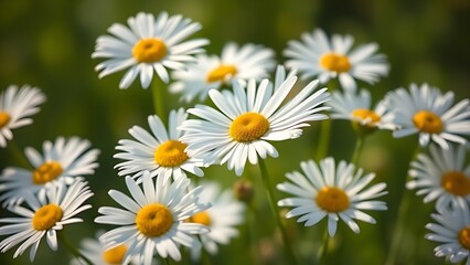 Fototapeta premium Fresh daisies bathed in sunlight with a soft green background, showcasing delicate petals in close-up.