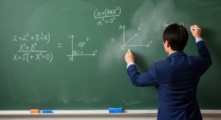 Teacher writing math equations on chalkboard in classroom for education and learning concept