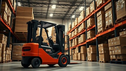 Fototapeta premium A forklift in a warehouse setting, surrounded by stacked boxes under soft overhead lighting, showcasing logistics operations.
