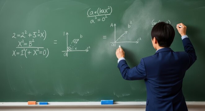 Teacher writing math equations on chalkboard in classroom for education and learning concept