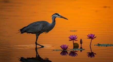 Crane bird looking into pond water, lotus flowers floating, orange sunset horizon, isolated background