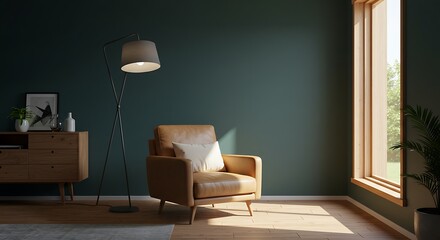 Cozy armchair bathed in sunlight next to a large window