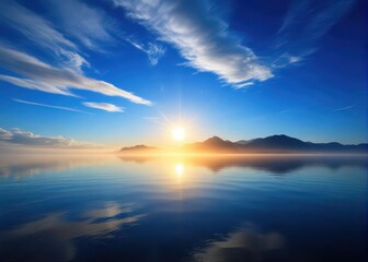 Fototapeta premium Serene blue sky at dawn with sun rising over oceans and mountains from a celestial perspective