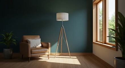 Cozy armchair and modern floor lamp in a sunlit room