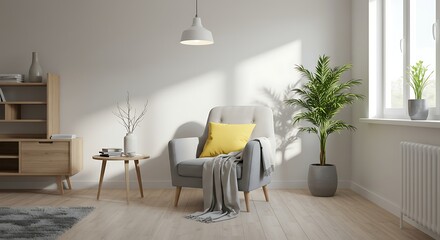 Cozy armchair bathed in sunlight next to a window with a potted plant