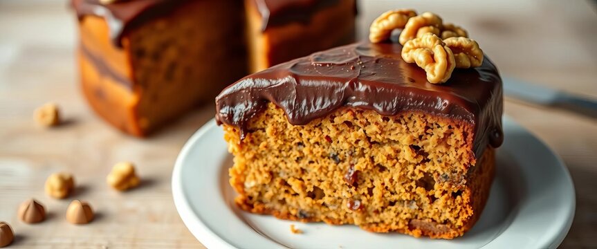 Moist vegan carrot cake with rich chocolate frosting, topped with walnuts,  cake,  walnuts