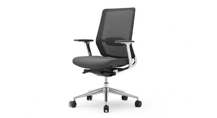 Empty modern black mesh office chair with chrome accents, designed for comfort and productivity, isolated on a transparent background, ready for use in a professional workspace.