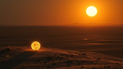 Obraz premium A single resilient microbe glowing with internal light on a desolate alien landscape under a strange sun.