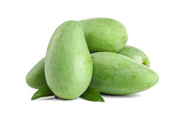 Fresh Green Mangoes with Leaves Isolated on White Background