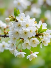 Fototapeta premium White cherry blossoms in full bloom on a lush green branch