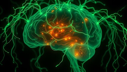 Fototapeta premium A translucent brain entwined with glowing green bioluminescent vines, pulsing with mysterious energy.
