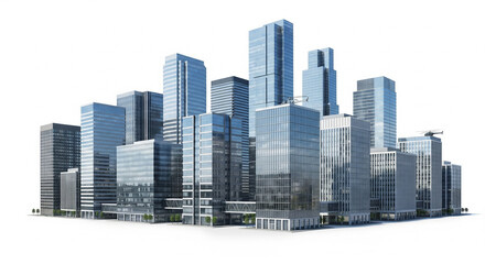 Fototapeta premium Modern city skyline with impressive glass skyscrapers and office buildings against a bright studio sky, showcasing contemporary urban architecture and business development.