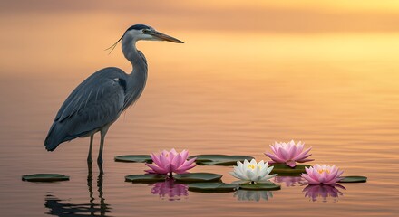 Fototapeta premium Heron standing still, lotus blossoms floating nearby, serene sunset glow, isolated background