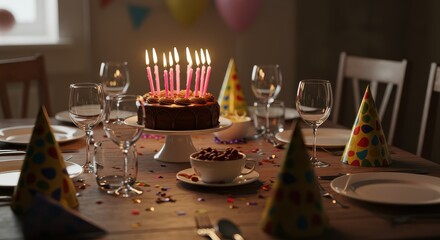 A birthday party table setting, complete with a chocolate cake, candles, party hats, and decorative confetti, creates a festive atmosphere.