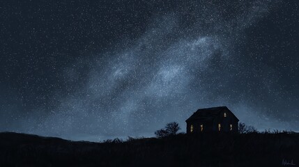 House Under Starry Night Sky Digital Painting with Glowing Windows