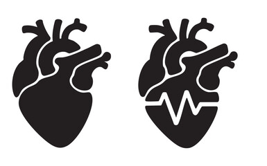 Anatomical Heart Illustrations Featuring Heartbeat Line In Black Silhouette Style Depicting Medical And Healthcare Concepts On White Background