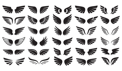 Set Of Different Wings Variations Black Isolated Vector Illustration Design Various Stylized Wings Perfect For Logos And Tattoo Ideas
