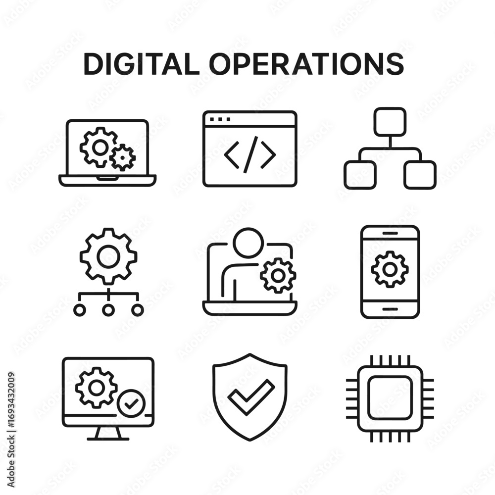 Poster workflow optimization and system management icons pack. outline symbols. line design