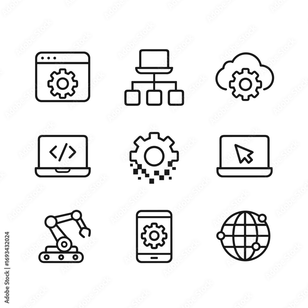 Poster process automation and digital efficiency icons bundle. outline symbols. line design