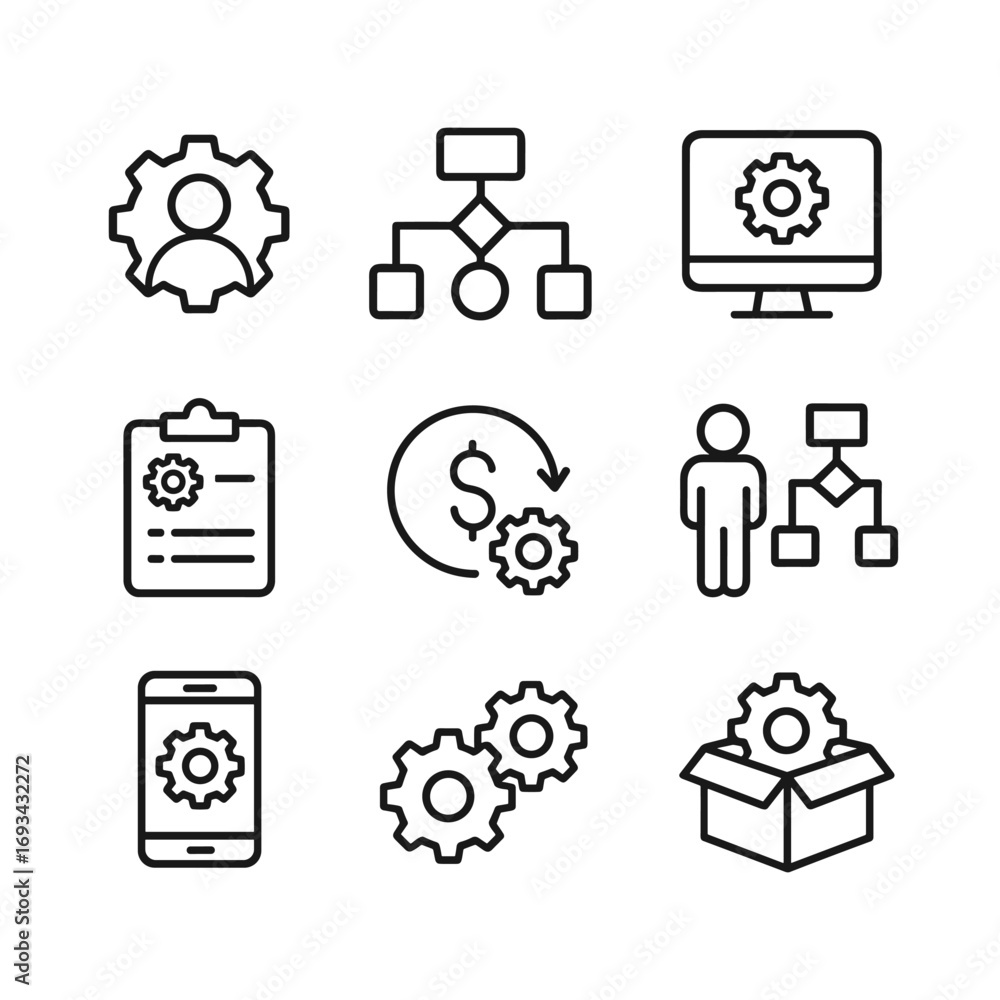 Poster enterprise automation and system integration icons. outline symbols. line design