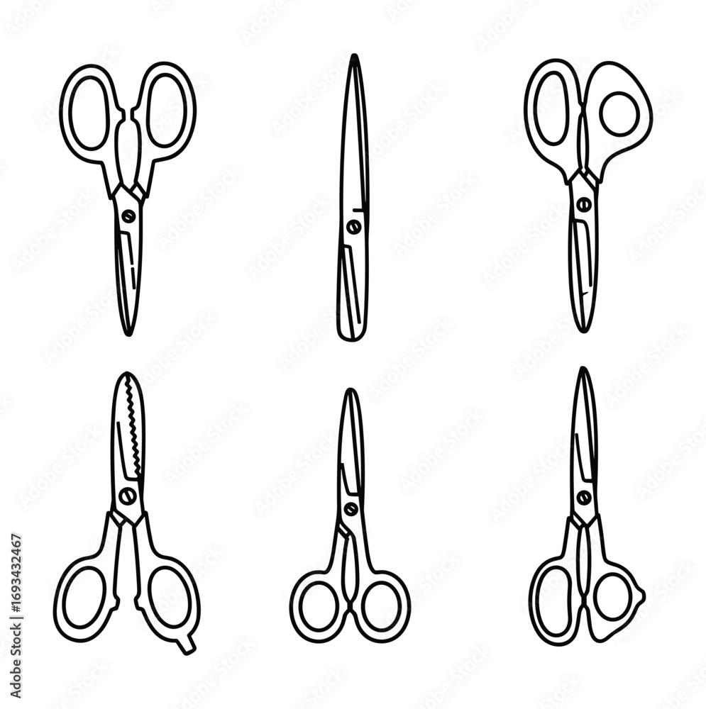 Poster line art illustration of six different scissors designs on a white background in vector format
