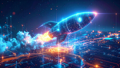 Abstract background futuristic concept of a glowing rocket blasting off from a digital circuit