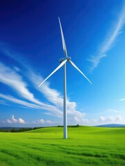 Fototapeta premium Scenic Wind Turbine in Green Meadow Under Bright Blue Sky