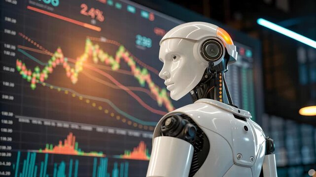 Futuristic ai robot finance data analytics driving market insights with chart visualization and risk modeling for trading technology and dashboard