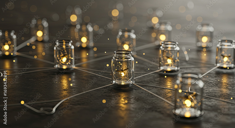 Poster glowing jars connected by lines on dark surface networking concept