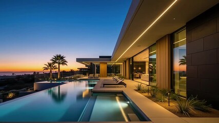 A modern luxury villa with a pool at sunset, showcasing tranquil elegance.