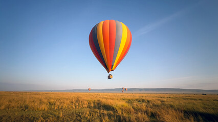 A hot air balloon over Savannah with blue sky