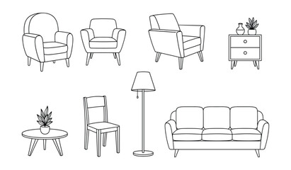 Outline Furniture Set: Armchairs, Sofa, Chair, Lamp, Table and Sideboard in Black and White