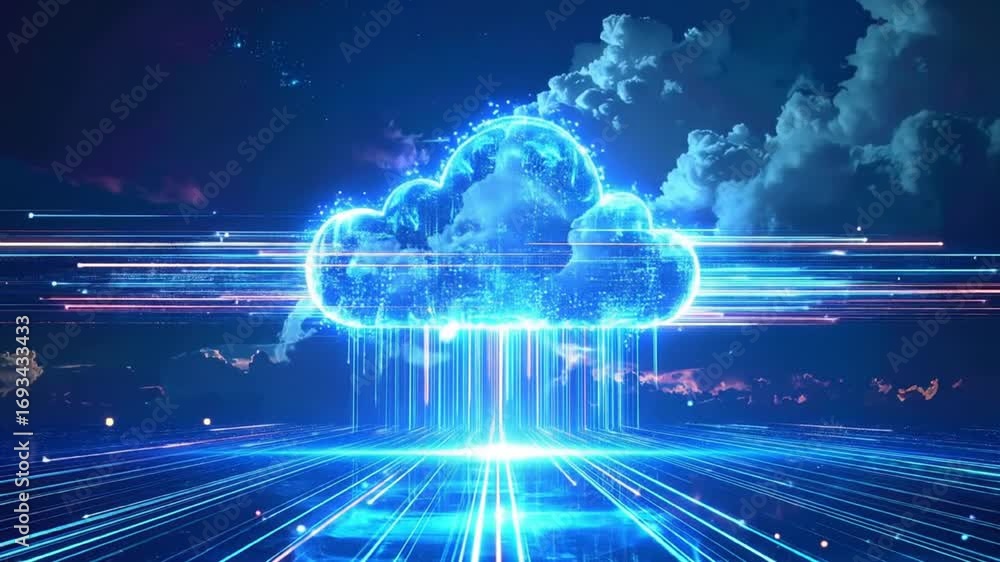 Poster digital cloud infrastructure and data streaming in a futuristic, illuminated style
