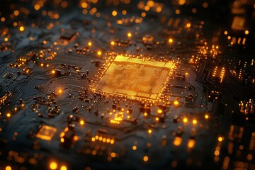 Dynamic circuit board with illuminated microchip showcasing advanced digital technology and data flow representing future innovation and global connectivity